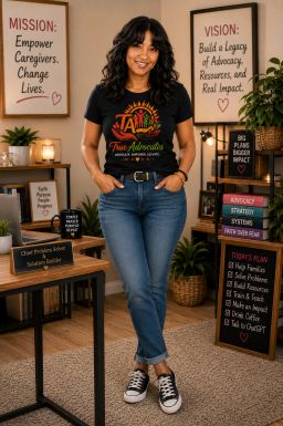 Karlotta standing in her True Advocates office in front of mission and vision boards