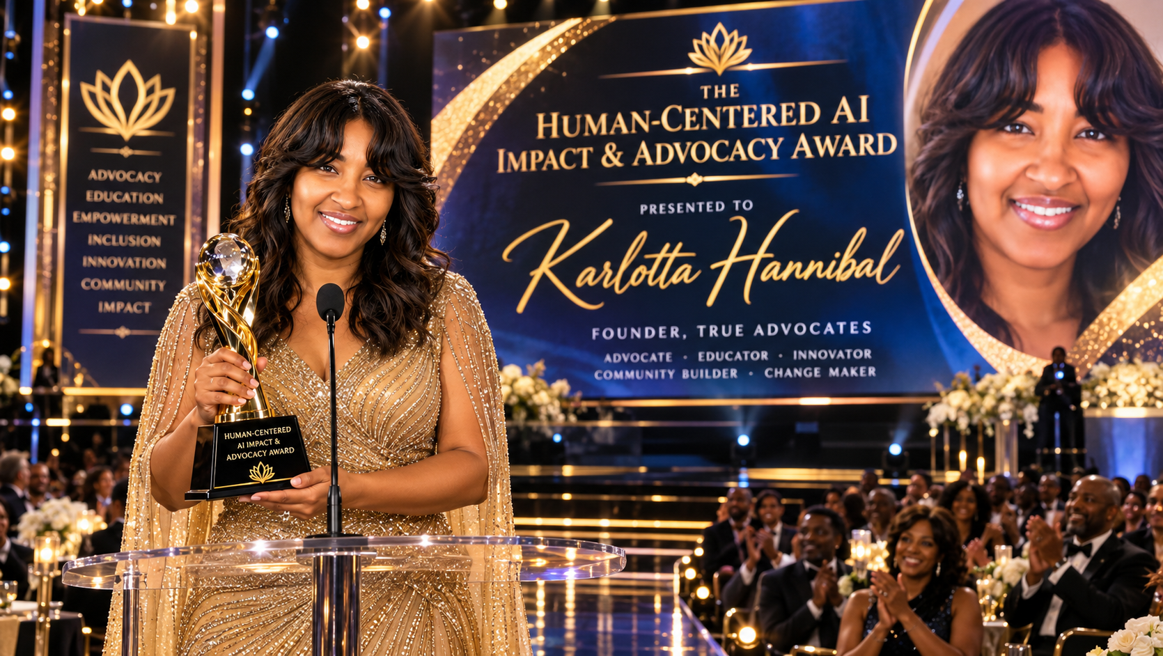 AI-created depiction of Karlotta receiving the Human-Centered AI Impact & Advocacy Award