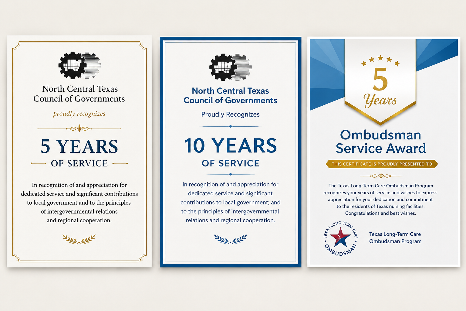 Service award certificates: NCTCOG 5 and 10 years of service, and Texas Long-Term Care Ombudsman 5-year Service Award